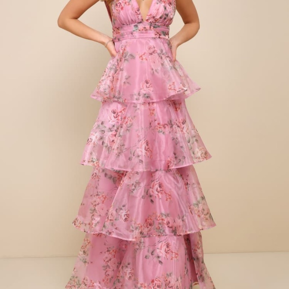 Lulu's Pink Floral Tiered Maxi Dress